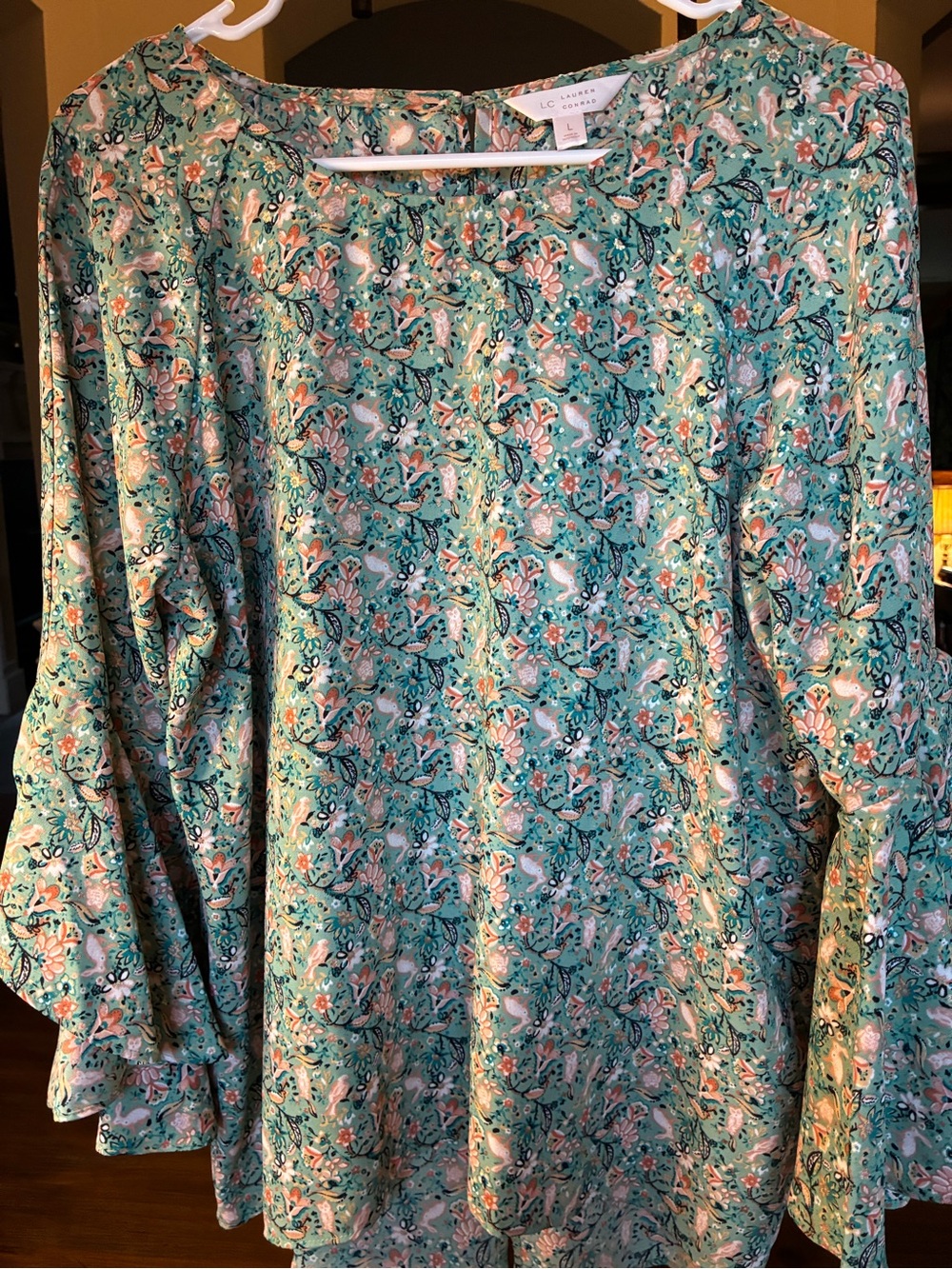 LC Lauren Conrad Mint Green Floral Bell Sleeve Top
